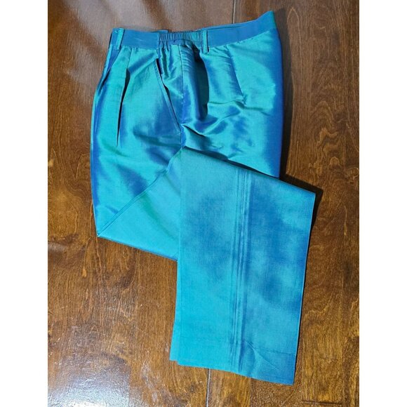 Vtg Cedro 2 Piece Womens Suit Sz S/M Iridescent Teal Blue 100% Silk Pantsuit Set - Picture 16 of 16